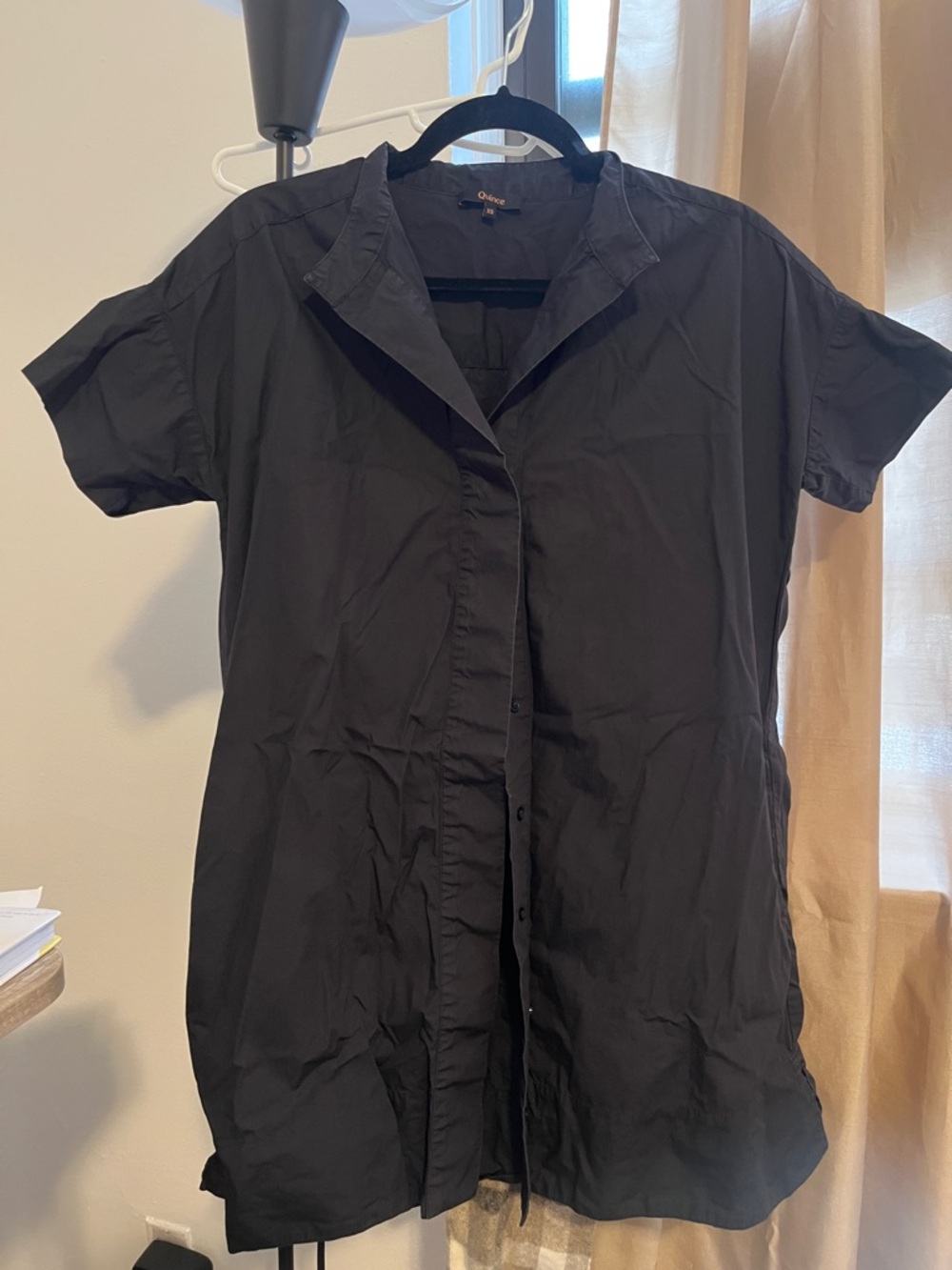 Quince Black Short-Sleeve Mini Shirt Dress Poplin Cotton with two pockets XS
